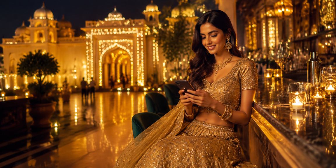 Indian player wearing lehenga playing rummy on mobile casino
